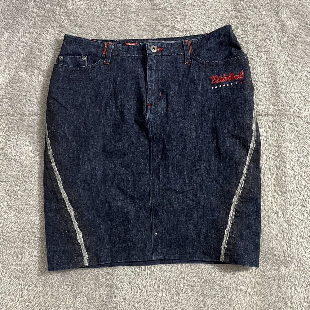 Eckored Denim Mini Skirt Juniors Size 9 Embellished Logo Y2K Dark‎ Wash Stretch